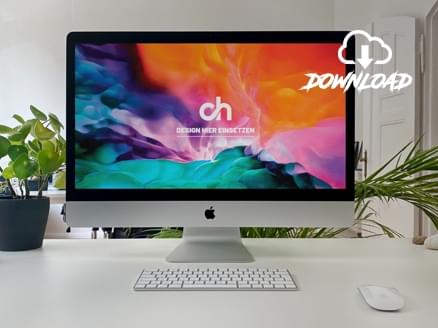 iMac Agentur Arbeitsplatz als kostenloser Photoshop PSD Mockup Download